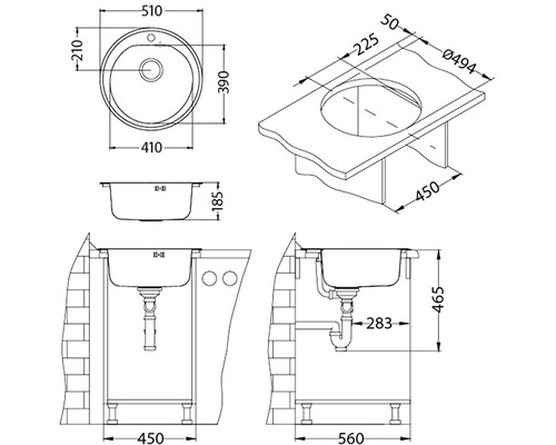 Technický výkres kulatého vestavného umyvadla s rozměry