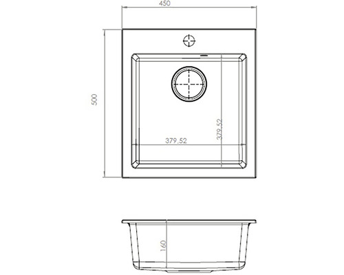 Technický výkres umyvadla o rozměrech 450 x 500 x 160 mm.