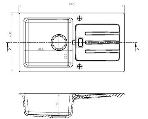 Technický výkres kuchyňského dřezu o rozměrech 770 x 430 mm a hloubce mísy 160 mm.