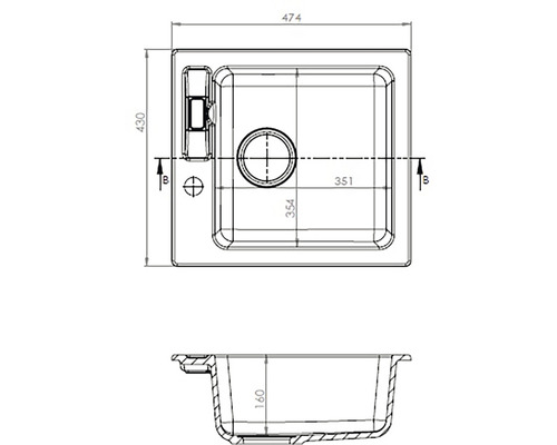 Technický nákres dřezu s rozměry.
