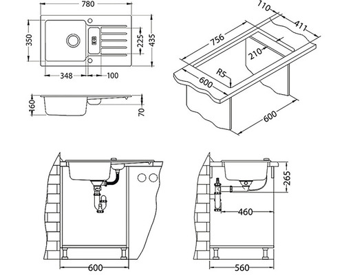 Technický nákres dřezu s rozměry