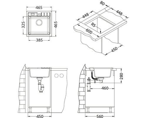 Technický výkres dřezu s rozměry