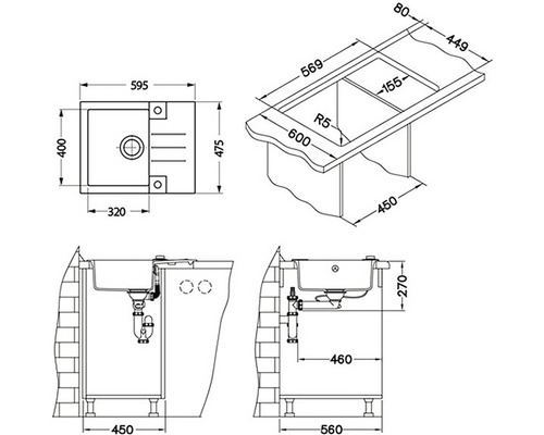 Technický výkres umyvadla s rozměry