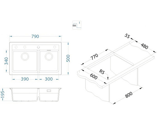 Nákres dřezu s rozměry