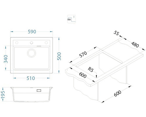 Technický nákres dřezu s rozměry