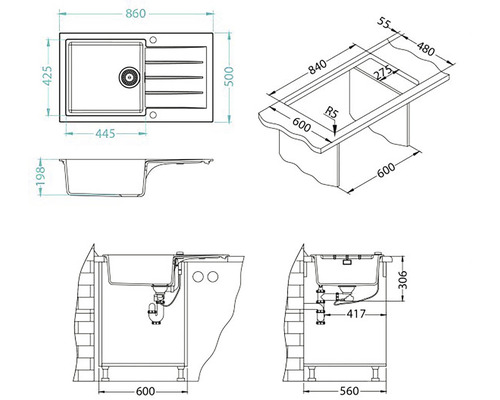 Technický výkres dřezu s rozměry