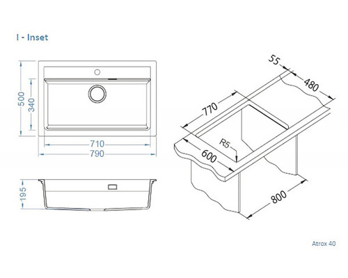 Technický nákres vestavného dřezu Atrox 40 s rozměry.