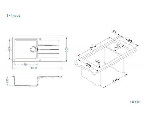 Technický nákres kuchyňského dřezu s rozměry