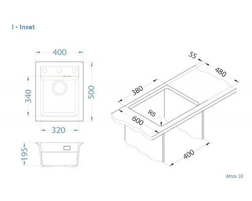 Nákres dřezu s rozměry
