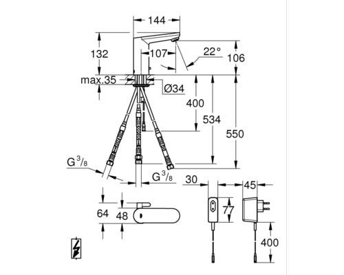 Technický výkres armatury s rozměry.