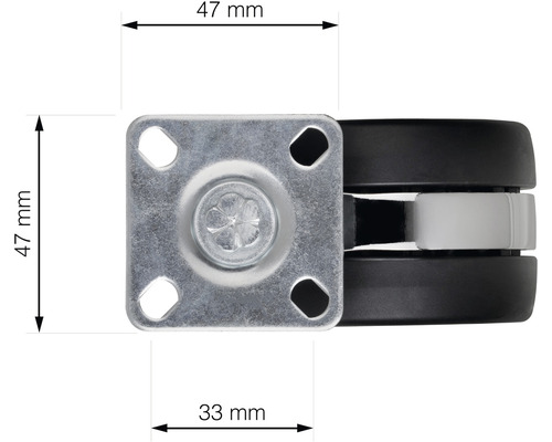 Nábytkové kolečko o rozměrech 47 krát 47 milimetrů a šířce kola 33 milimetrů