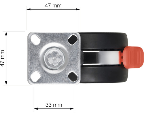 Nábytkové kolečko s brzdou o rozměrech 47 mm x 47 mm