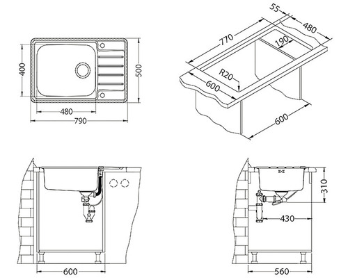 Technický výkres dřezu s rozměry.