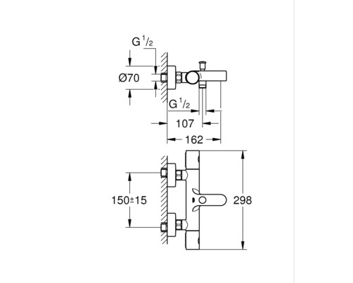 Rozměrový nákres armatury s nástěnnou přípojkou a různými rozměry