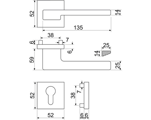 Technický nákres kliky dveří s rozměry