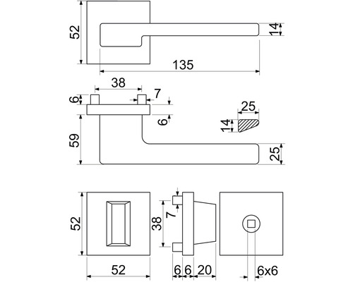 Technický nákres kliky dveří s rozměry