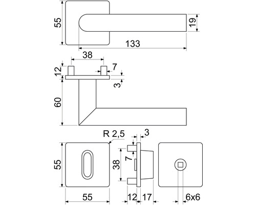 Technický výkres kliky ke dveřím s rozměry