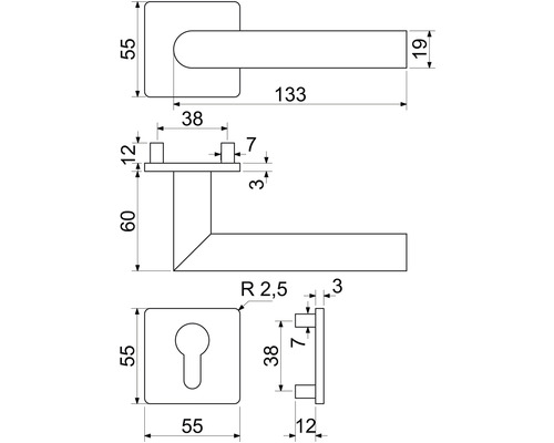 Technický nákres kliky dveří s rozměry