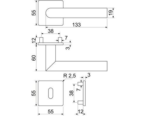 Technický nákres kliky dveří s rozměry