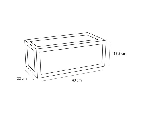 Nákres truhlíku s rozměry 40 centimetrů délka, 22 centimetrů šířka a 15,5 centimetrů výška
