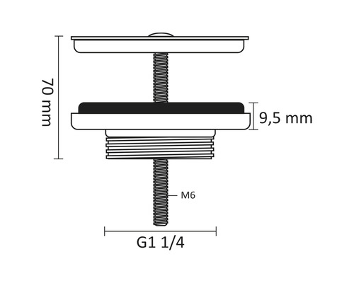 Technický nákres výpustného ventilu s rozměry 70 mm, 9,5 mm, G 1 1/4 a M6