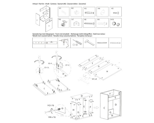 Ilustrovaný montážní návod pro nábytek se seznamem dílů a přehledem nářadí
