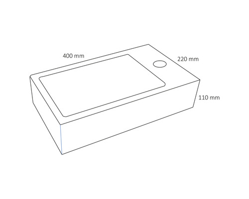 Nákres umyvadla s rozměry 400 mm délka, 220 mm šířka a 110 mm výška.