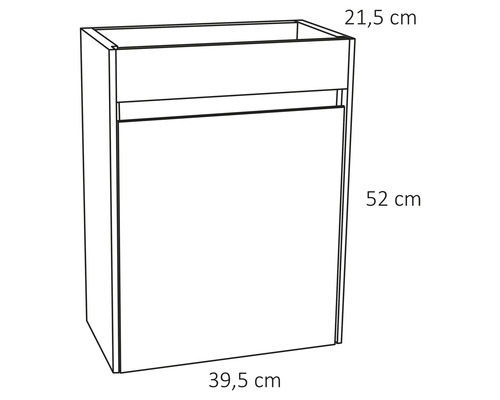 Nákres koupelnové skříňky s rozměry 21,5 cm hloubka, 52 cm výška a 39,5 cm šířka.