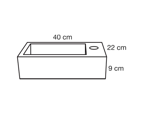 Nákres obdélníkového umyvadla o rozměrech 40 cm šířka, 22 cm výška a 9 cm hloubka