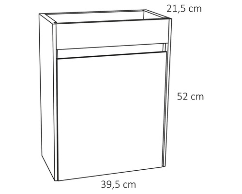 Obrysový nákres spodní skříňky s rozměry 21,5 cm, 52 cm a 39,5 cm