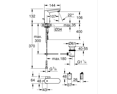 Rozměrový nákres vodovodní baterie s údaji o výšce, šířce a průměru.