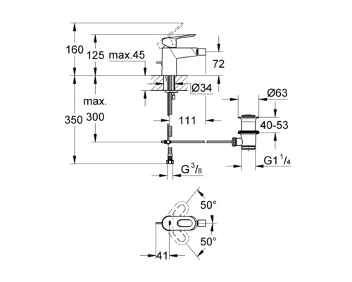 Technický nákres armatury s rozměry