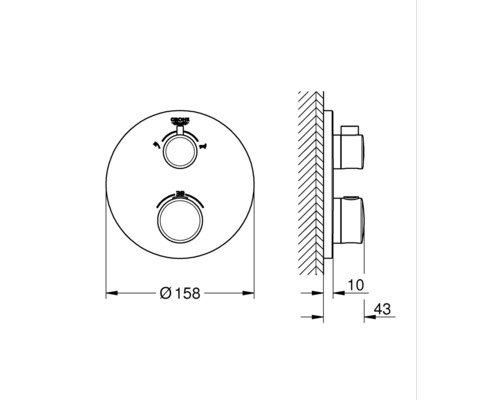 Technický nákres kulaté armatury Grohe s rozměry