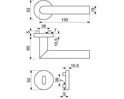 Technický nákres kliky dveří s rozměry