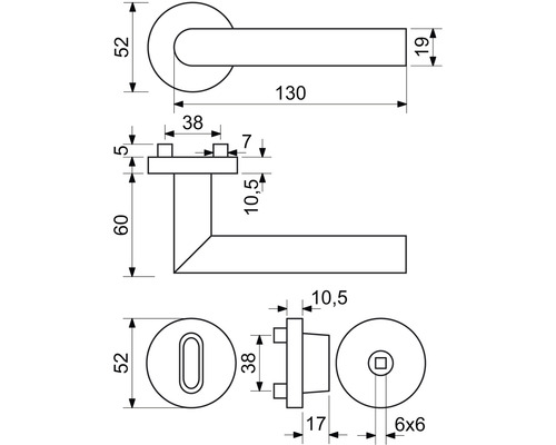 Technický výkres soupravy dveřního kování s rozměry