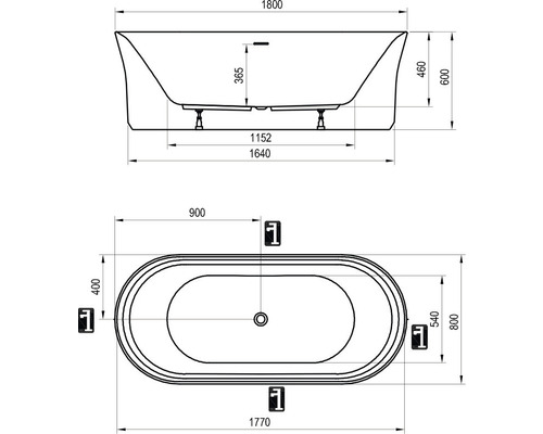 Volně stojící vana RAVAK YPSILON 180x80 cm bílá černý přepad XC00100034