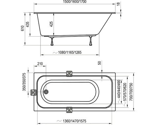 Technický nákres volně stojící vany s rozměry