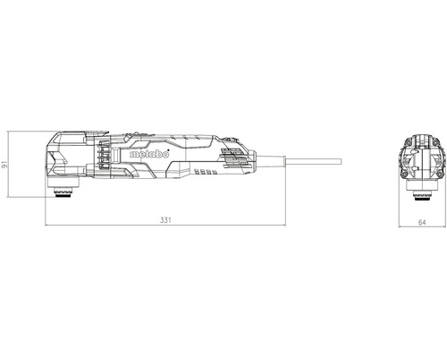 Rozměry multifunkčního nástroje Metabo: délka 331 mm, výška 91 mm, šířka 64 mm