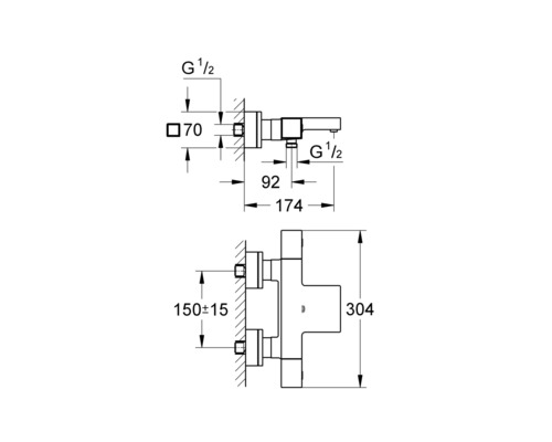 Technický nákres koupelnové baterie s rozměry