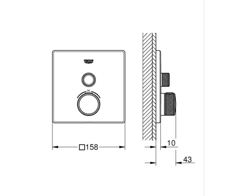 Technický nákres sprchové armatury s rozměry