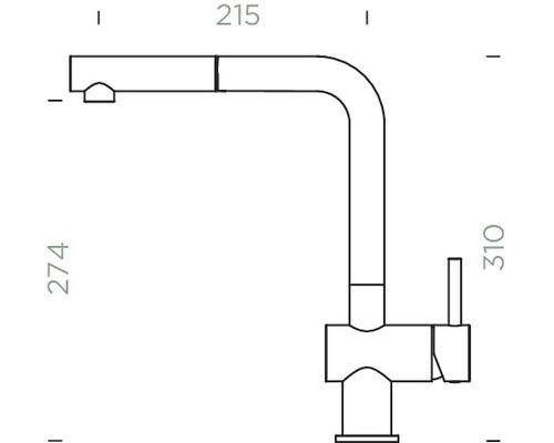 Technický výkres kuchyňské baterie s výsuvnou hubicí a rozměry 215, 274 a 310.