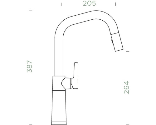 Technický nákres kuchyňské baterie se sprchou a rozměry