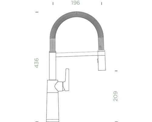 Technický nákres kuchyňské baterie s rozměry 196, 436 a 209.