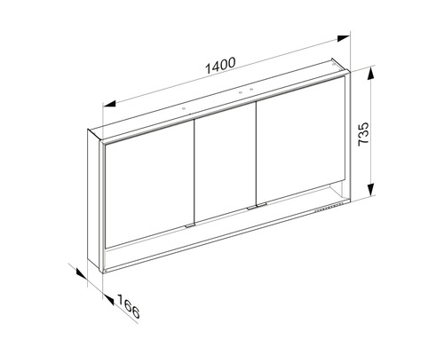 Technický nákres zrcadlové skříňky s rozměry.