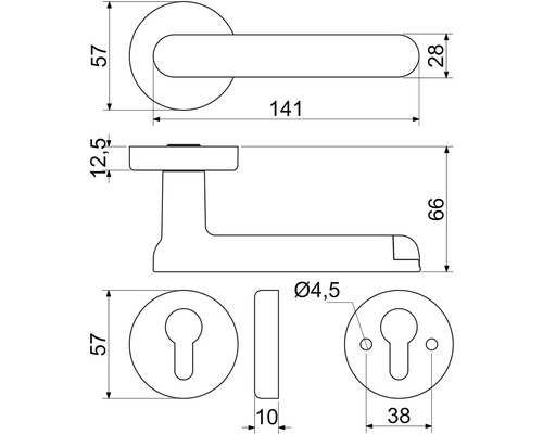 Technický nákres soupravy kliky s rozměry