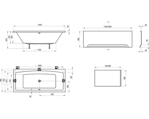 Technický nákres vany s rozměry.