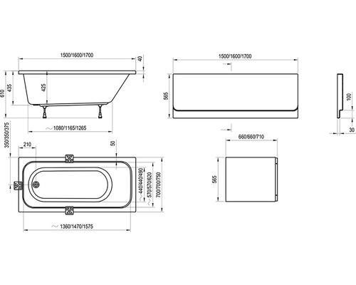 Technický nákres vany s rozměry