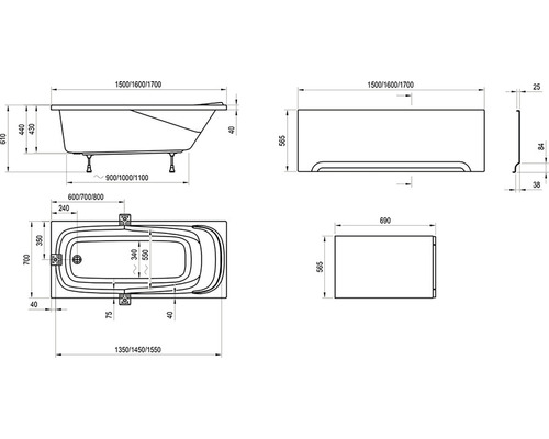 Technický nákres vany s rozměry.