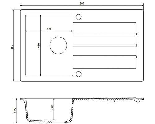 Technický výkres dřezu s rozměry
