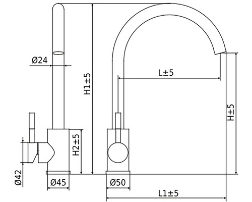 Technický nákres vodovodní baterie s rozměry
